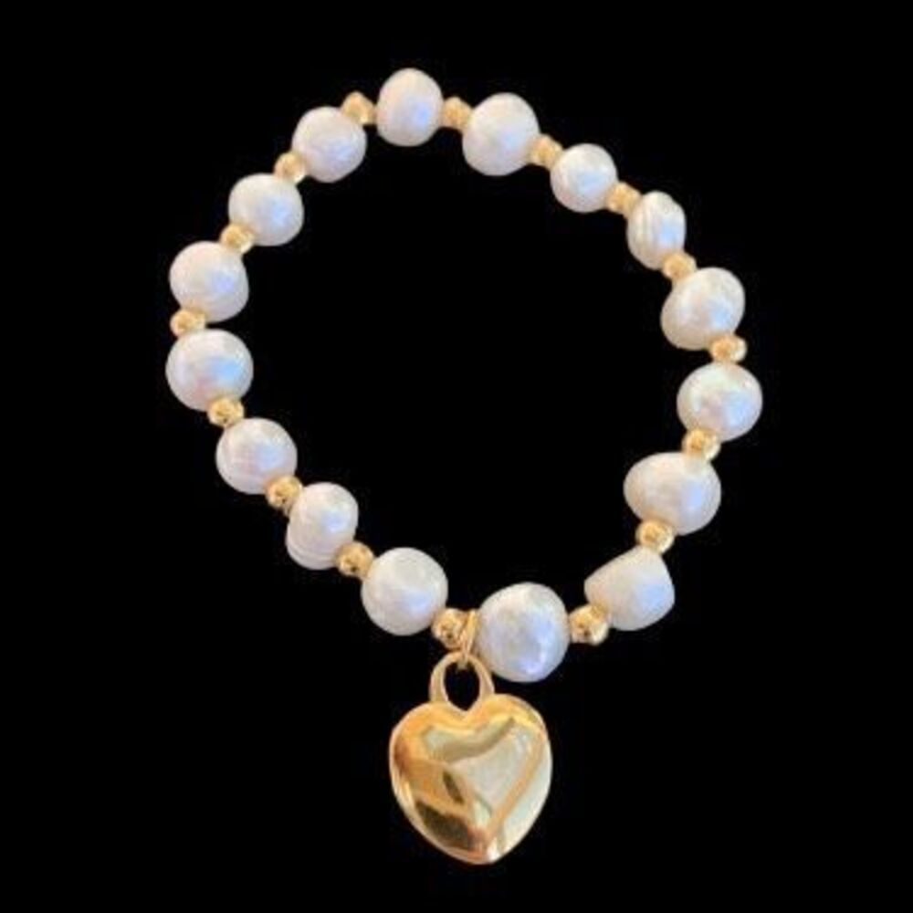 Real Pearl & Gold Heart Stretch Bracelet - Celebrating Unique Beauty